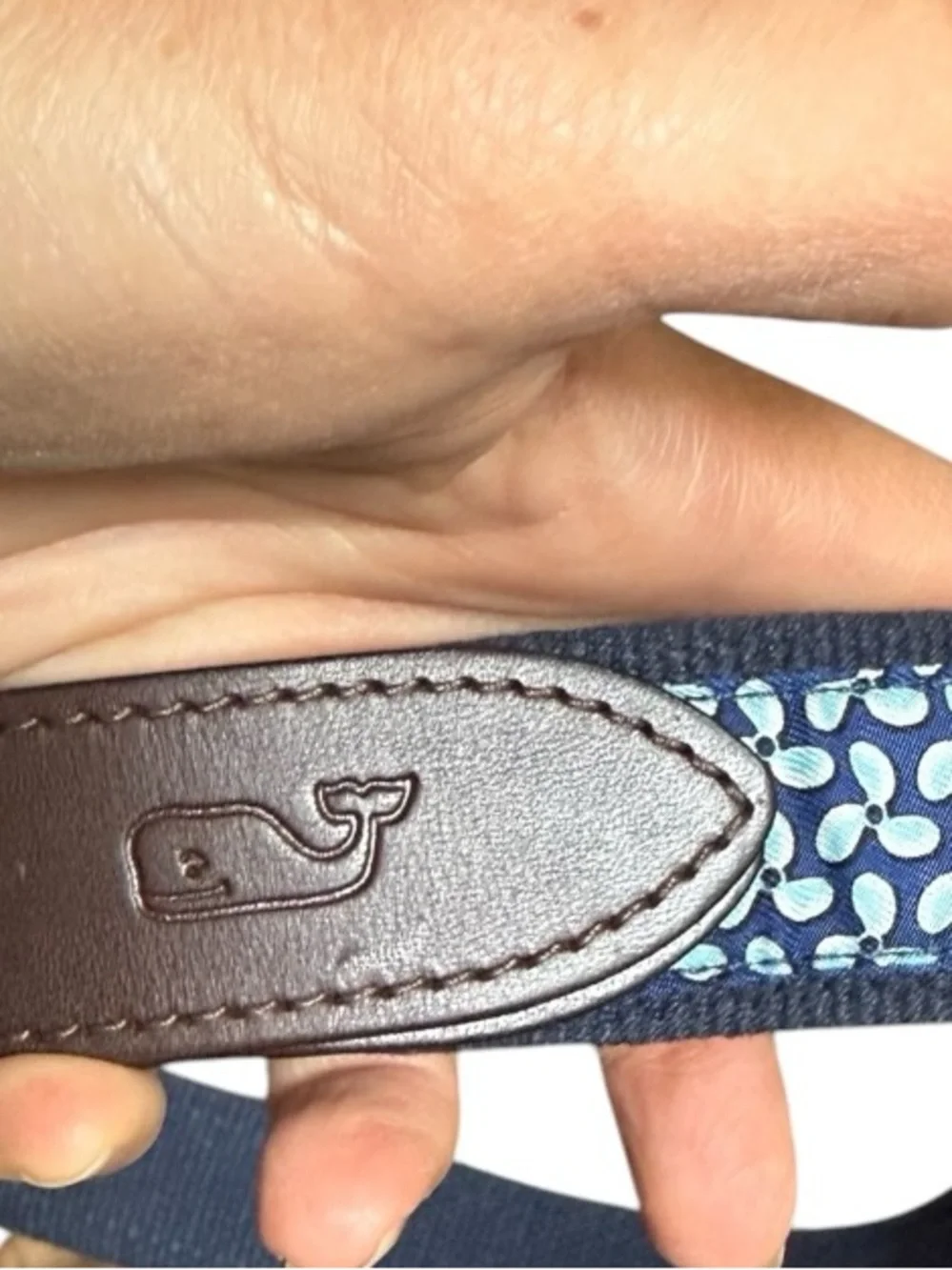 Vineyard Vines micro nautical propellers Canvas Club Belt navy brown brass 30 14